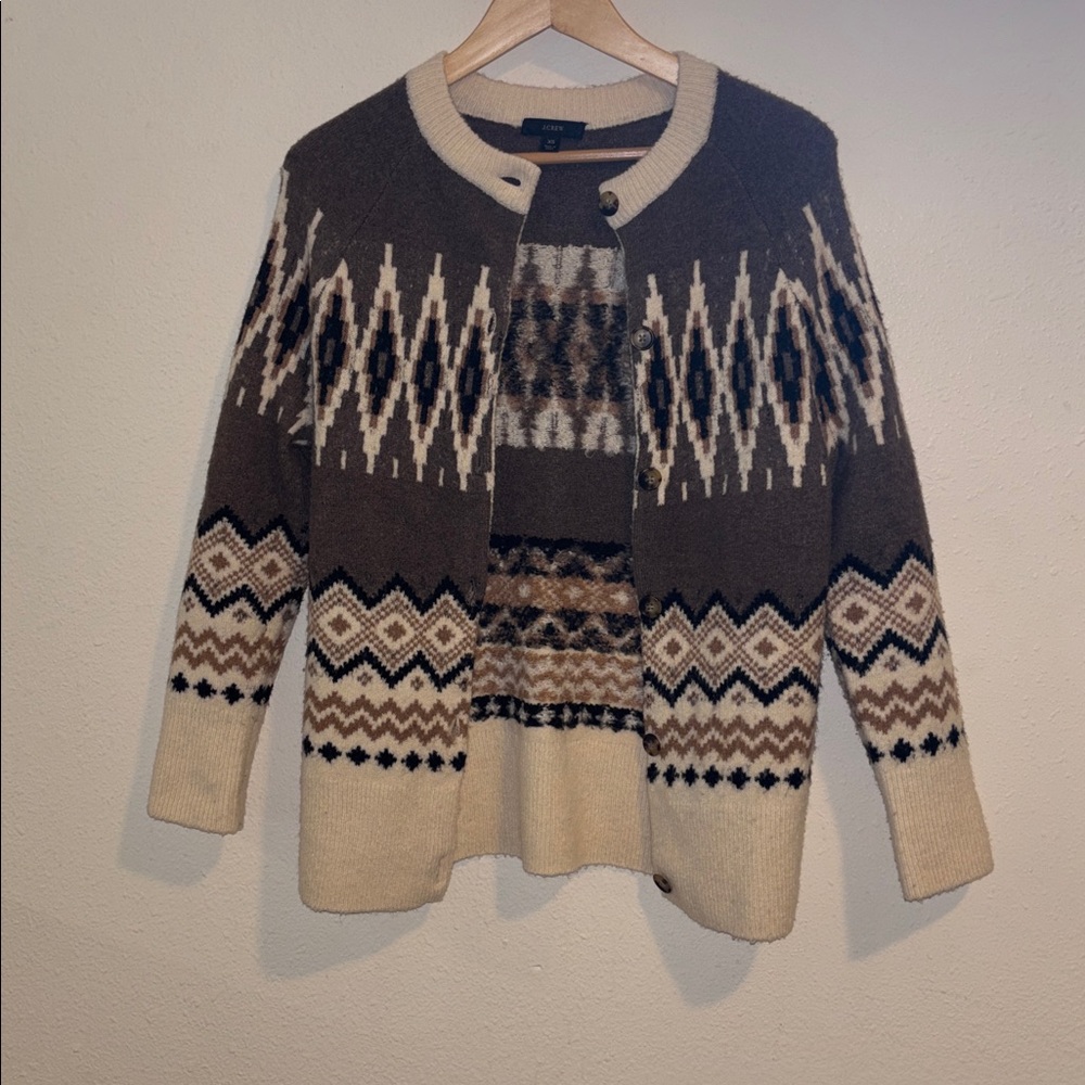 J. Crew Fair Isle Cardigan XS in Heather Fawn Muslin (cream, tan, brown & black) - Picture 5 of 9